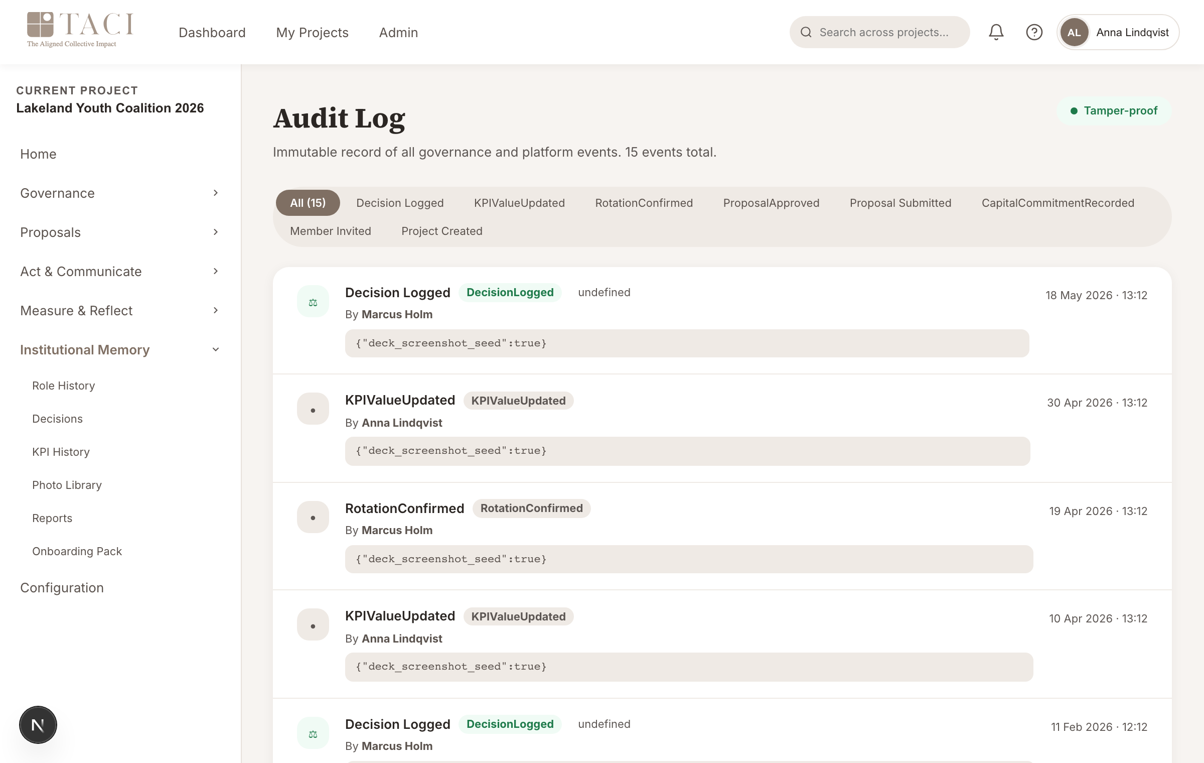 Audit Log — tamper-evident governance trail